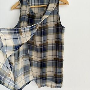 She + Sky Women's Blouse Small Open Front Sleeveless Blue And Brown Checkered‎
